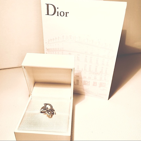 W/Box* AUTHENTIC DIOR palladium logo motif ring with pink Swarovski Crystals - Picture 3 of 7